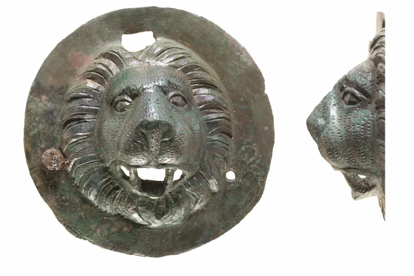 One of the bronze lion-head discs. Credit: Dafna Gazit, Israel Antiquities Authority.