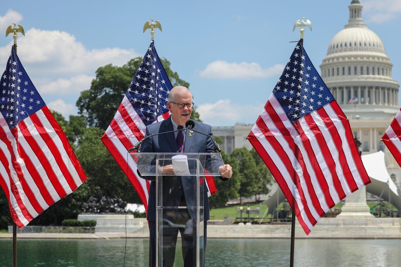 Rep. Tim Walberg (R-Mich.), chair of the House Education and Workforce Committee, speaks at the March on Washington for Jewish Civil Rights at the U.S. Capitol on June 26, 2025. Credit: Courtesy of House Education and Workforce Committee.