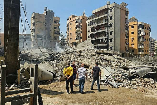 The site of an overnight Israeli airstrike in the Kafaat neighborhood in Beirut's southern suburbs on June 6, 2025. Photo by AFP via Getty Images.