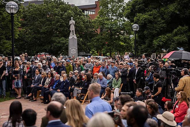 People attend a community gathering at the site of an attack on a vigil in Boulder, Colo., for kidnapped Israelis held in Gaza, June 4, 2025. Photo by Chet Strange/AFP via Getty Images.