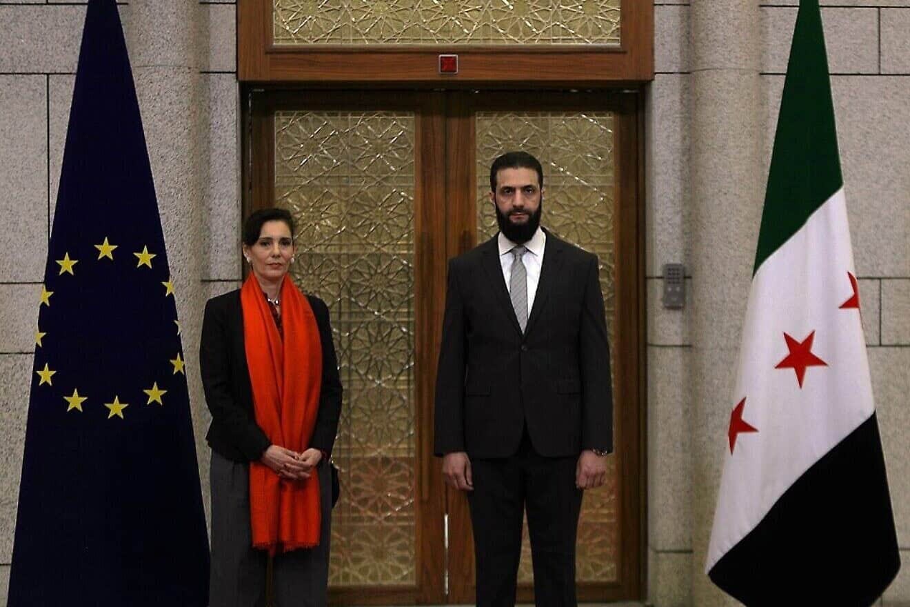 Ahmad al-Shara, president of the Syrian transitional government, and European commissioner Hadja Lahbib, in Syria, Jan. 17, 2025. Credit: European Commission Audiovisual Service Wikimedia Commons.