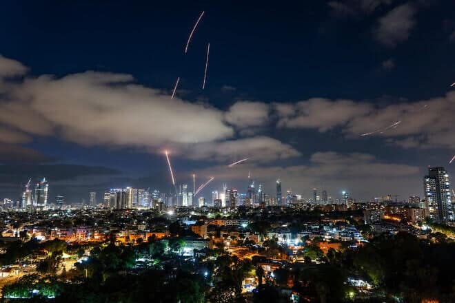 Anti-missile system fires over the skies of Tel Aviv, as Iran fires ballistic missiles at Israel. on June 15 2025. Photo by Matanya Tausig/Flash90