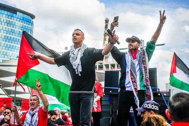 An anti-Israel protest in Brussels, Belgium, on June 15, 2025. Photo by Romane Iskaria/Middle East Images/AFP via Getty Images.