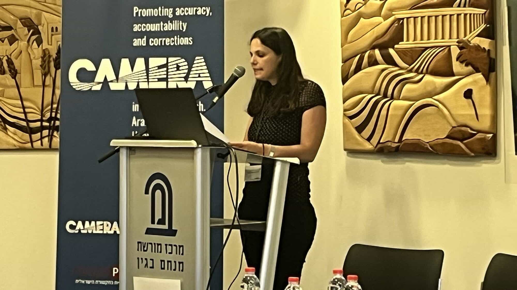 Aviva Rosenschein, director of external affairs for CAMERA, speaks at the Menachem Begin Heritage Center in Jerusalem, June 8, 2025. Photo by Josh Hasten.