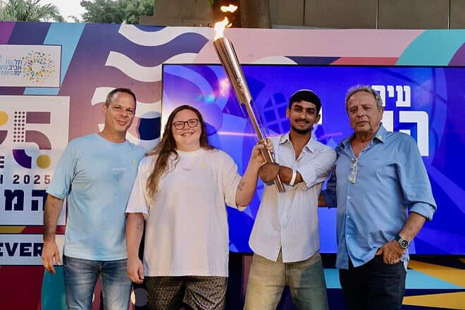 (From left) Maccabiah Chairman Assaf Goren, Olympic silver medalist Raz Hershko, Paralympic gold medalist Asaf Yasur and Maccabi World Union Chairman Amir Peled, June 8, 2025. Photo by Ronen Topelberg.