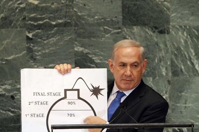 Israeli Prime Minister Benjamin Netanyahu uses an illustration to explain his position on the Iranian nuclear threat on Sept. 27, 2012. Photo by Avi Ohayon/GPO.
