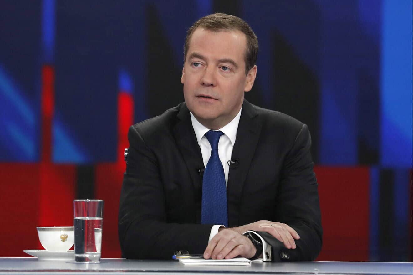 Dmitry Medvedev gives an interview to 20 Russian TV channels at the Ostankino TV Center in Moscow. Photo by Dmitry Astakhov/POOL/TASS via Wikimedia Commons.