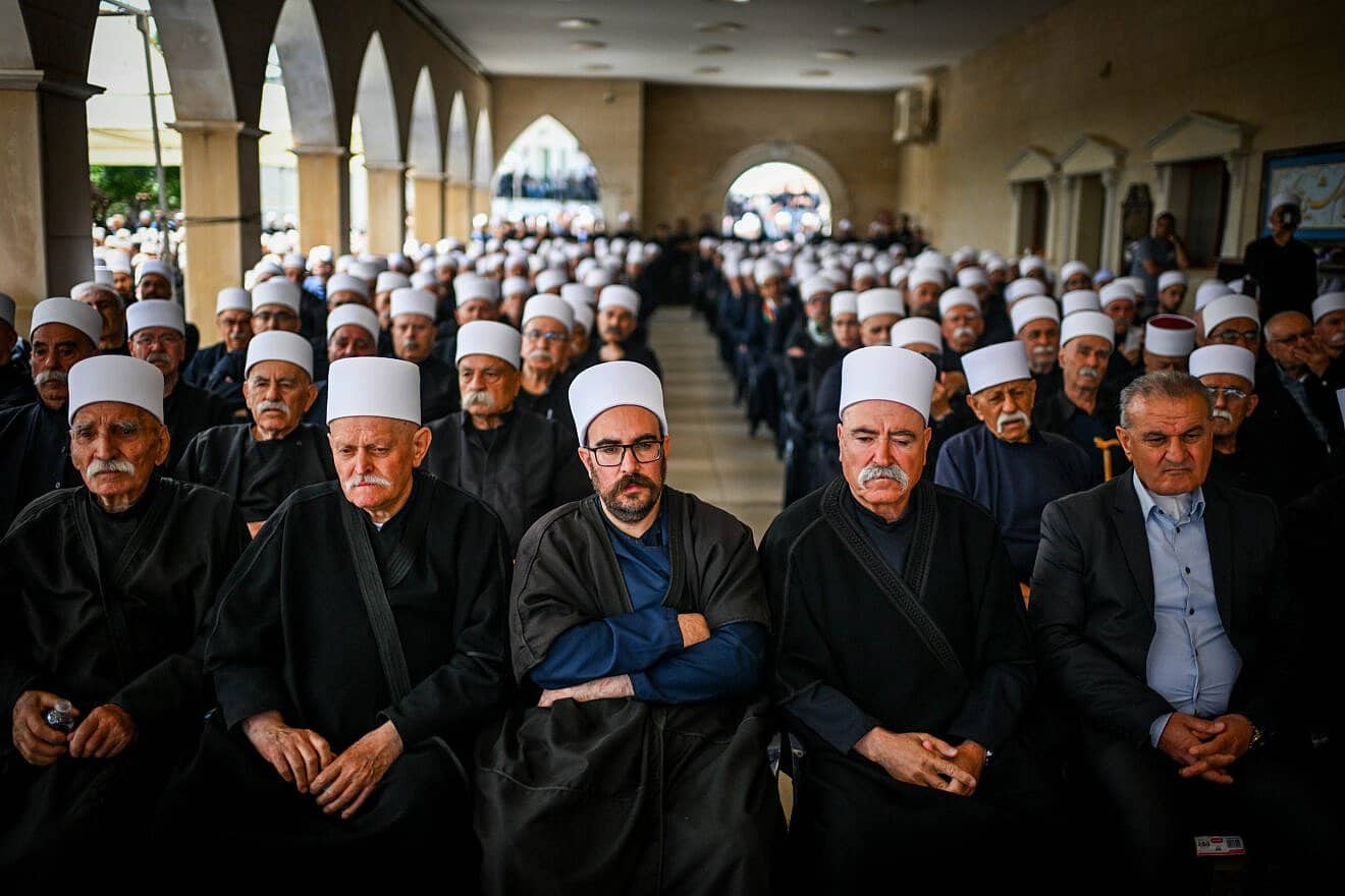 Members of the Druze community in Israel attend a ceremony in memory of Druze murdered by the Syrian government forces on May 3, 2025. Photo by Flash90.