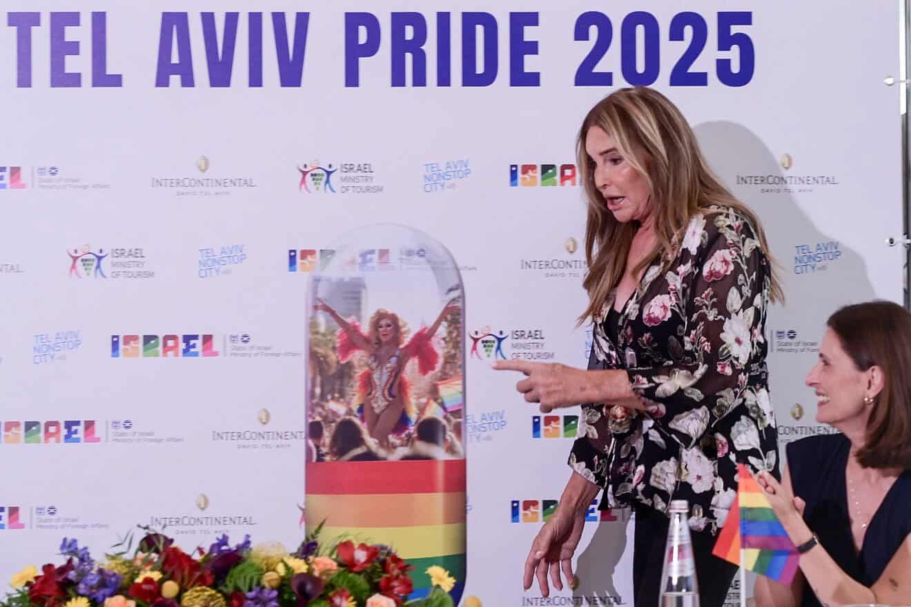 Caitlyn Jenner, who was born as Bruce Jenner, holds a press conference ahead of the annual Tel Aviv Pride Parade, June 11, 2025. Photo by Avshalom Sassoni/Flash90.
