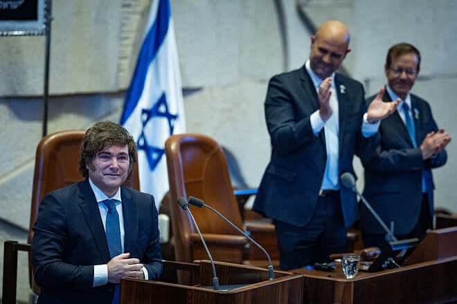 Argentinian President Javier Milei addresses the Knesset in Jerusalem on June 11, 2025. Photo by Yonatan Sindel/Flash90.