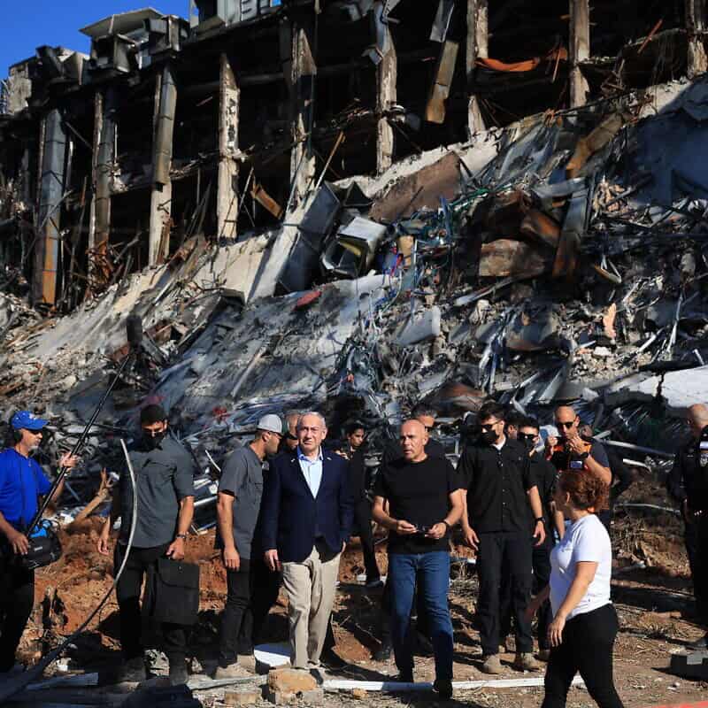 Israeli Prime Minister Benjamin Netanyahu visits at the scene where a ballistic missile fired from Iran hit and caused damage at the Weizmann Institute of Science in Rehovot, June 20, 2025. Photo by Itai Ron/POOL.