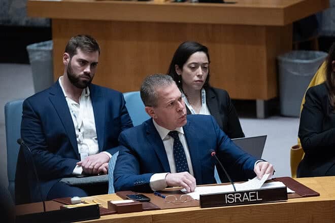 Israel's ambassador to the United Nations Gilad Erdan speaks during a United Nations Security Council meeting on the Middle East, including the situation in Gaza and Israel, in New York City, Jan. 23, 2024. Photo by Spencer Platt/Getty Images.