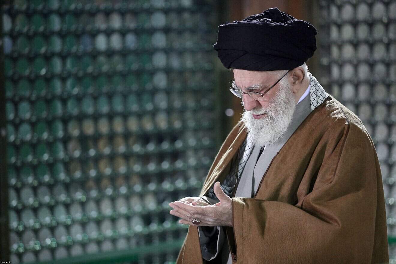 Iranian Supreme Leader Ayatollah Ali Khamenei prays at the tomb of the late Ayatollah Ruhollah Khomeini in Tehran, on Jan. 30, 2025. Photo by Khamenei.ir/AFP via Getty Images.