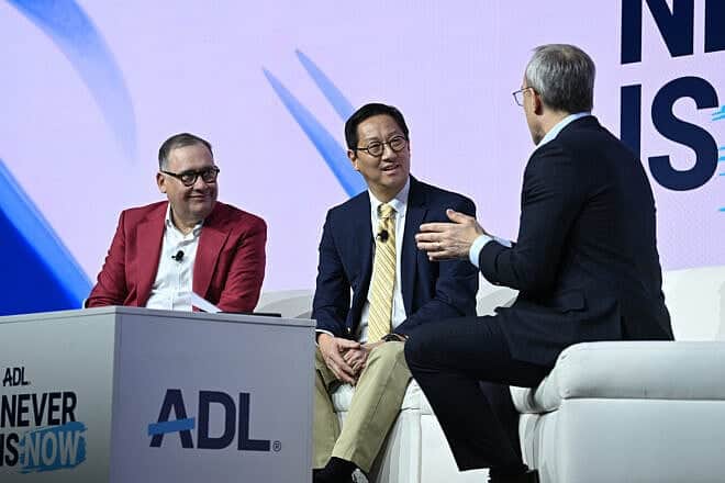 Call Me Back podcast host Dan Senor (right) moderates a session with WashU Chancellor Andrew D. Martin (left) and University of Michigan President Santa Ono at the ADL Never is Now event at Javits Center on March 3, 2025 in New York City. Photo by Bryan Bedder/Getty Images for Anti-Defamation League.