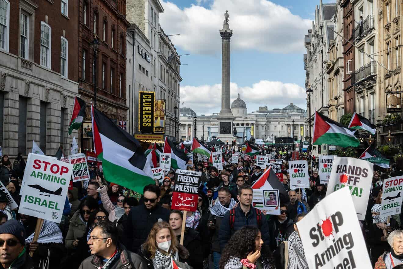 Pro-Palestinian protesters march down Whitehall in London, England, on March 15, 2025. Photo by Guy Smallman/Getty Images.