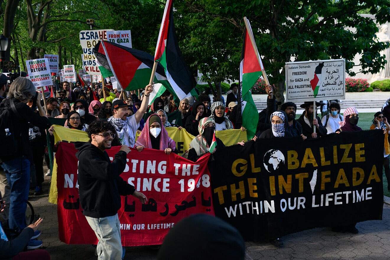 Anti-Israel activists commemorate “Nakba Day” (the “catastrophe” of the establishment of the State of Israel) in Brooklyn, New York, May 15, 2025. Photo by Alexi Rosenfeld/Getty Images.