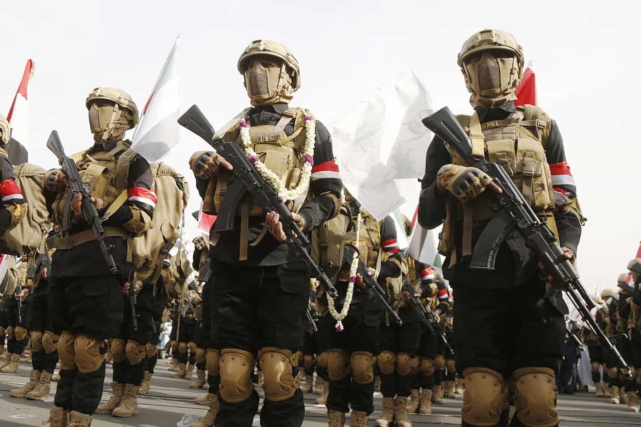 Houthi terrorists during a protest held in Sanaa, Yemen, against the war on Hamas in the Gaza Strip, May 23, Photo by Mohammed Hamoud/Getty Images.