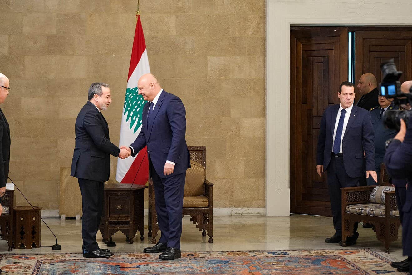 Lebanese President Joseph Aoun greets Iran's Foreign Affairs Minister Abbas Araghchi at Baabda Presidential Palace in Beirut, Lebanon, on June 3, 2025. Photo by Courtney Bonneau/Middle East Images/AFP/via Getty Images.