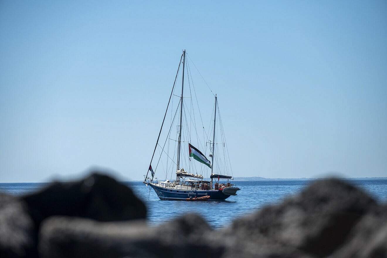 The Freedom Flotilla sailboat off the coast of San Giovanni Li Cuti in Catania, Italy, May 31, 2025. Photo by Fabrizio Villa/Getty Images.