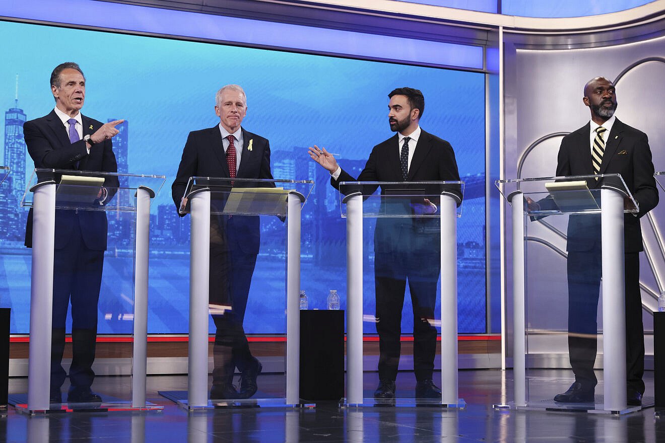 Former N.Y. governor Andrew Cuomo (left) points at Zohran Mamdani (third from left) at the New York City Democratic Mayoral Primary Debate at NBC Studios on June 4, 2025. Credit: Yuki Iwamura-Pool/Getty Images.