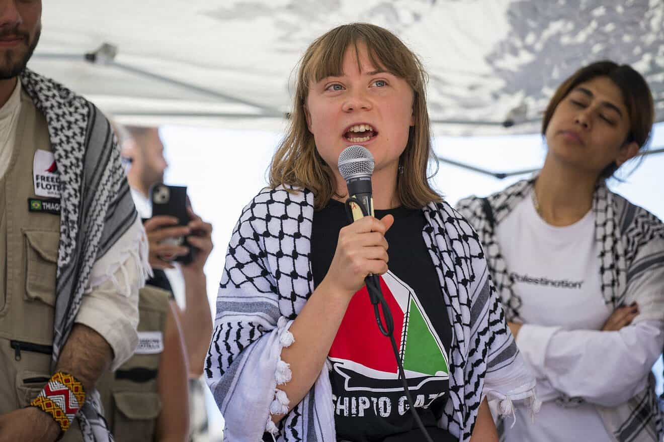 Greta Thunberg at the press conference  in Catania, Italy, before heading out on the  “Madleen” to offer humanitarian aid to Palestinians in the Gaza Strip, June 1, 2025. Photo by Fabrizio Villa/Getty Images.