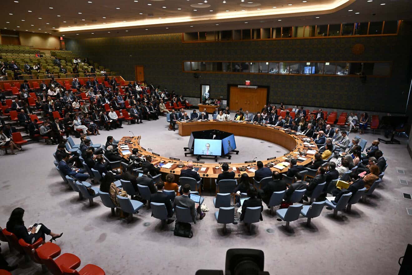 Rafael Grossi, director general of the International Atomic Energy Agency, is seen on a TV screen as he speaks during a United Nations Security Council meeting on the Israel-Iran conflict at the U.N. headquarters in New York, on June 20, 2025. Photo by Angela Weiss/AFP via Getty Images.