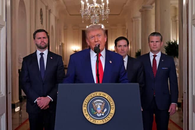 U.S. President Donald Trump addresses the nation alongside Vice President JD Vance, Secretary of State Marco Rubio and Secretary of Defense Pete Hegseth, on June 21, 2025. Photo by Carlos Barria/POOL/AFP via Getty Images.