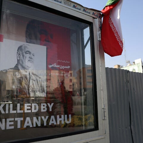 An image of slain Islamic Revolutionary Guard Corps commander Hossein Salami at a memorial for those killed by Israel, at Hafteh-tir Square in Tehran, on June 23, 2025. Photo by Atta Kenare/AFP via Getty Images.