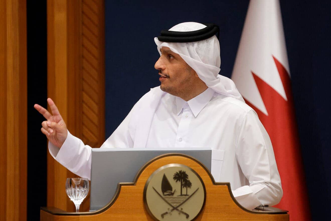 Qatar's Prime Minister Mohammed bin Abdulrahman Al-Thani speaks during a press conference with Lebanese Prime Minister Nawaf Salam (not pictured) in Doha, on June 24, 2025. Photo by Karim Jaafar/AFP via Getty Images.