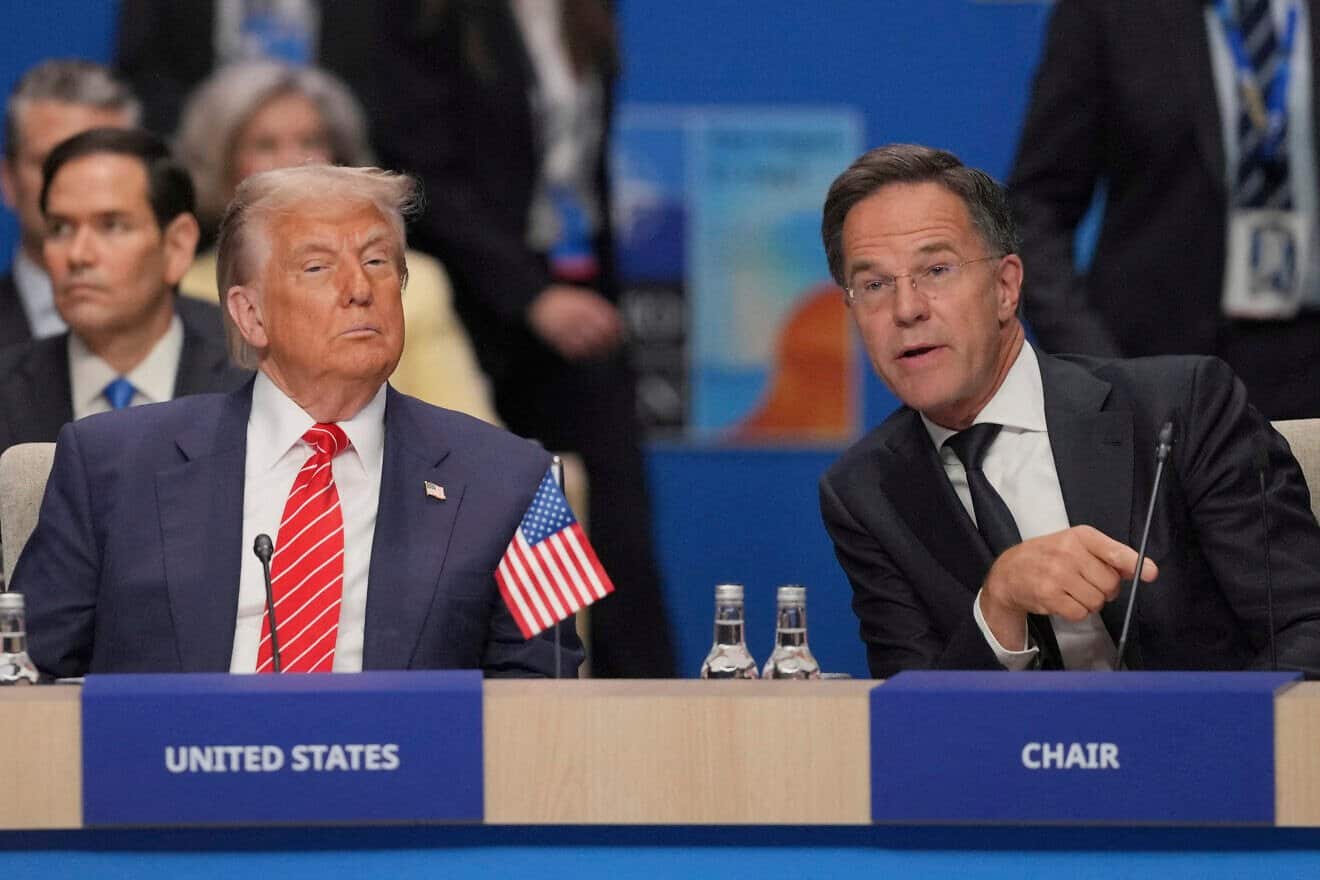 U.S. President Donald Trump and NATO Secretary-General Mark Rutte attend a North Atlantic Council plenary meeting during the North Atlantic Treaty Organization summit in The Hague, on June 25, 2025. Photo by Kin Cheung/POOL/AFP via Getty Images.