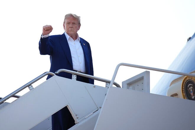 U.S. President Donald Trump boards Air Force One to depart for the 2025 NATO Summit, at Joint Base Andrews, Md., on June 24, 2025. Photo by Andrew Harnik/Getty Images.