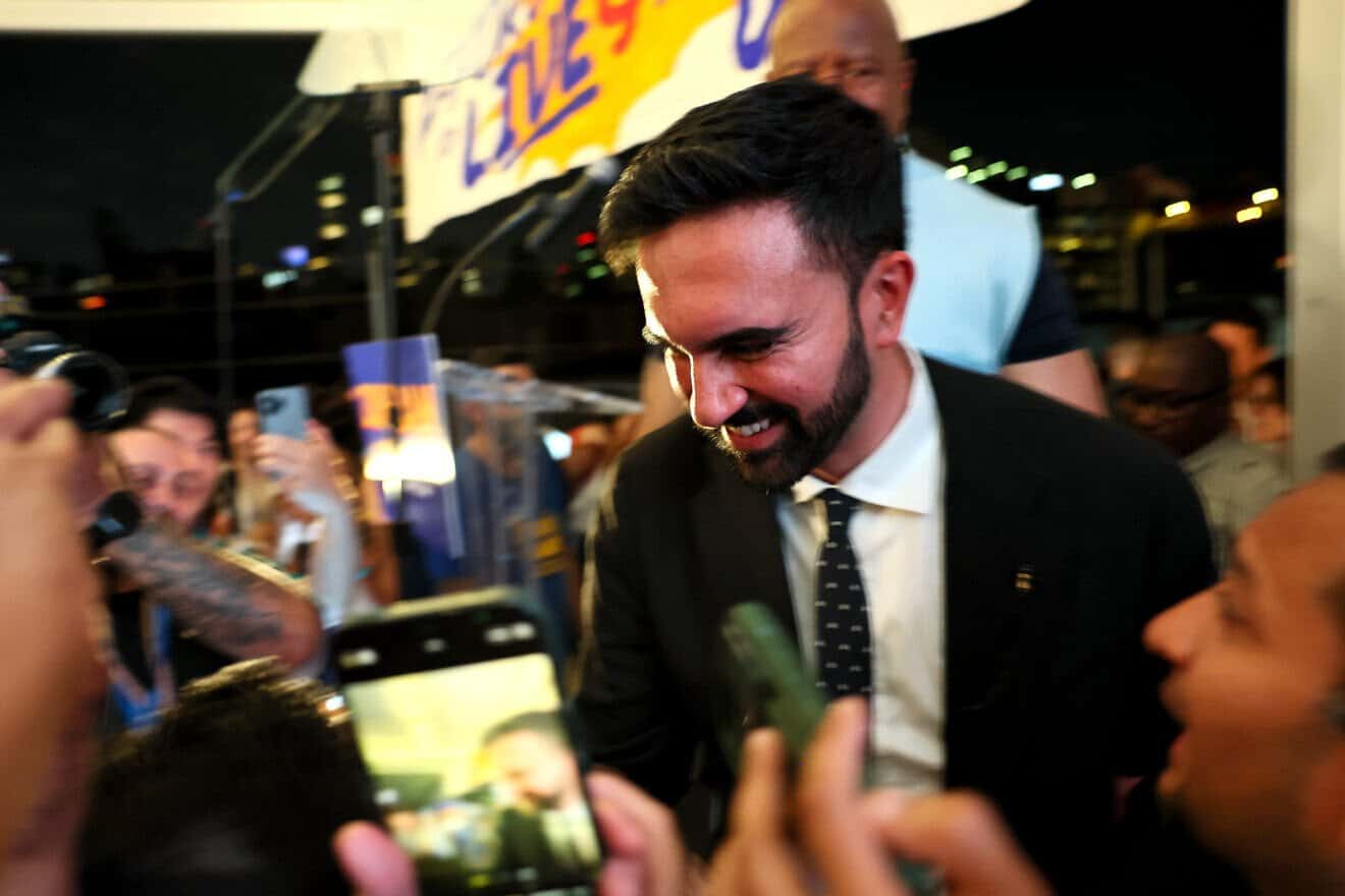 New York Democratic mayoral candidate Zohran Mamdani greets supporters during an election night gathering, on June 24, 2025. Photo by Michael M. Santiago/Getty Images.