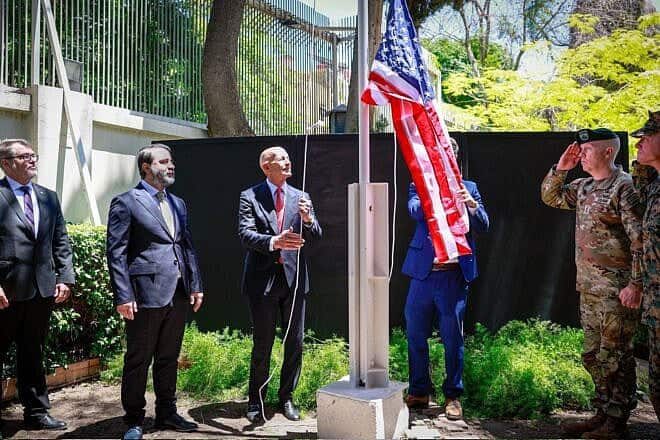 U.S. Ambassador Tom Barrack raises the American flag over the ambassador’s residence in Damascus for the first time since 2012, May 29, 2025. Source: @USAMBTurkiye/X.