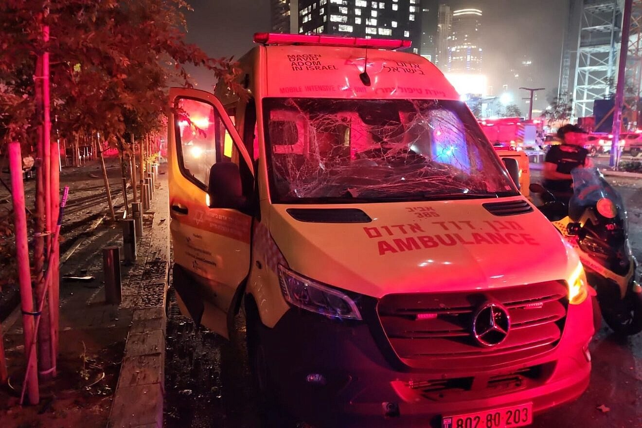A Magen David Adom ambulance that was struck in an Iranian missile attack on Tel Aviv, in which two staff members of the Israeli emergency service were injured, June 14, 2025. Credit: Magen David Adom.