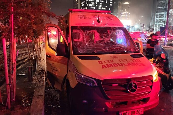 A Magen David Adom ambulance that was struck in an Iranian missile attack on Tel Aviv, in which two staff members of the Israeli emergency service were injured, June 14, 2025. Credit: Magen David Adom.