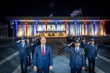 The Knesset was lit in the colors of the U.S. flag with the Knesset Guard and Speaker Amir Ohana saluting President Donald Trump, June 22, 2025. Photo by Noam Moskowitz/Knesset Press Office.