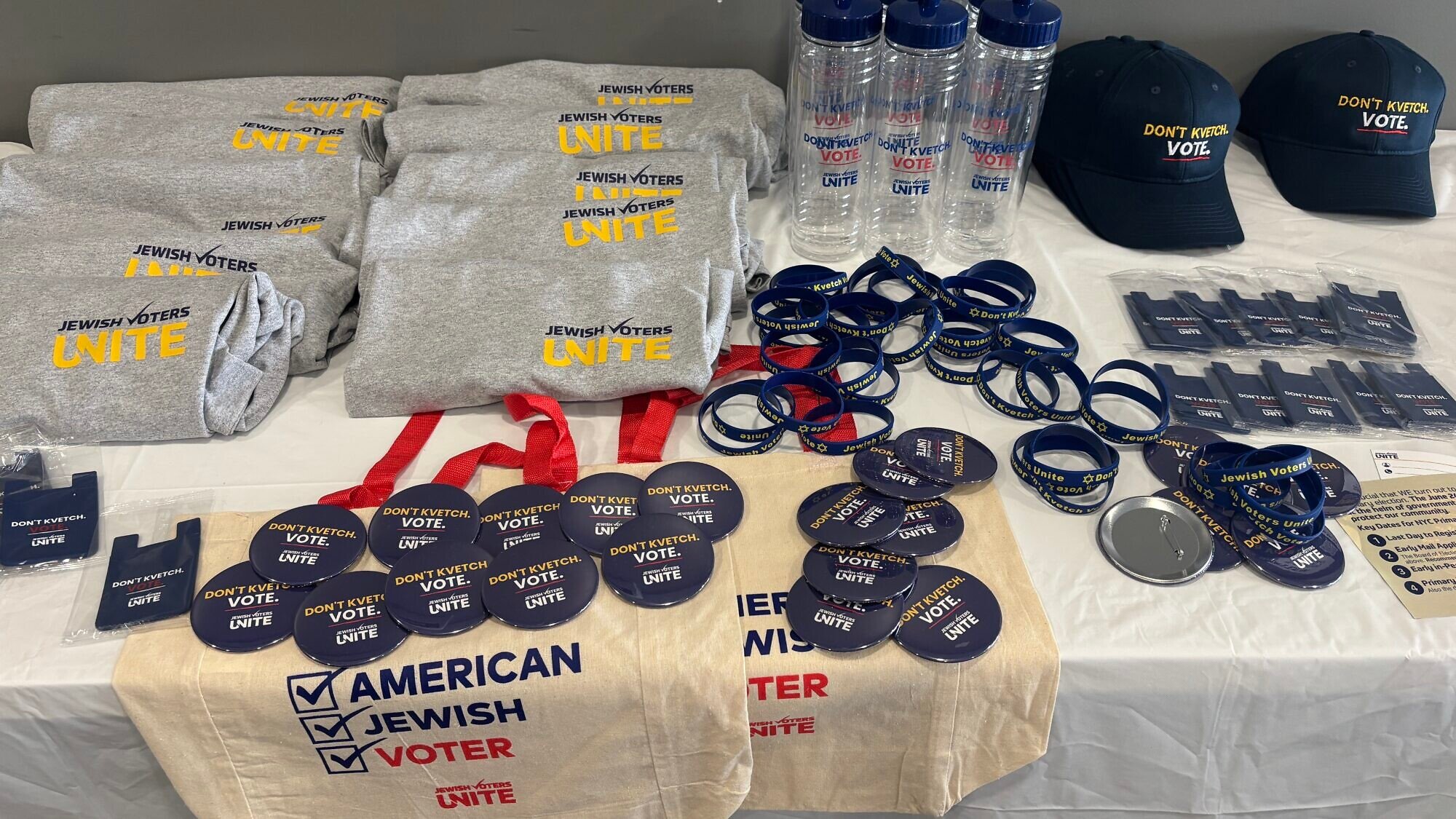 Jewish Voters Unite swag in its Brooklyn office. Photo by Vita Fellig.