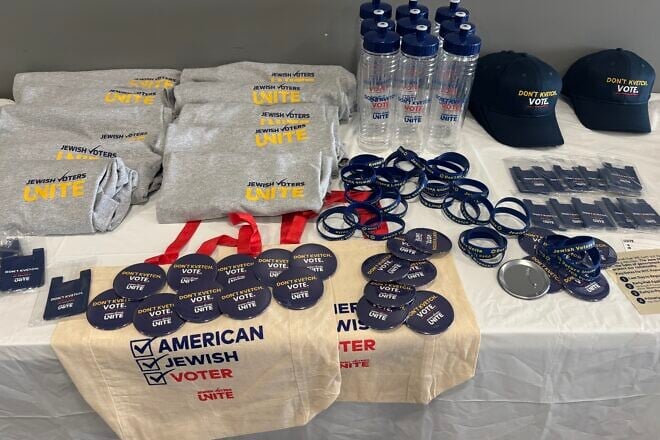 Jewish Voters Unite swag in its Brooklyn office. Photo by Vita Fellig.