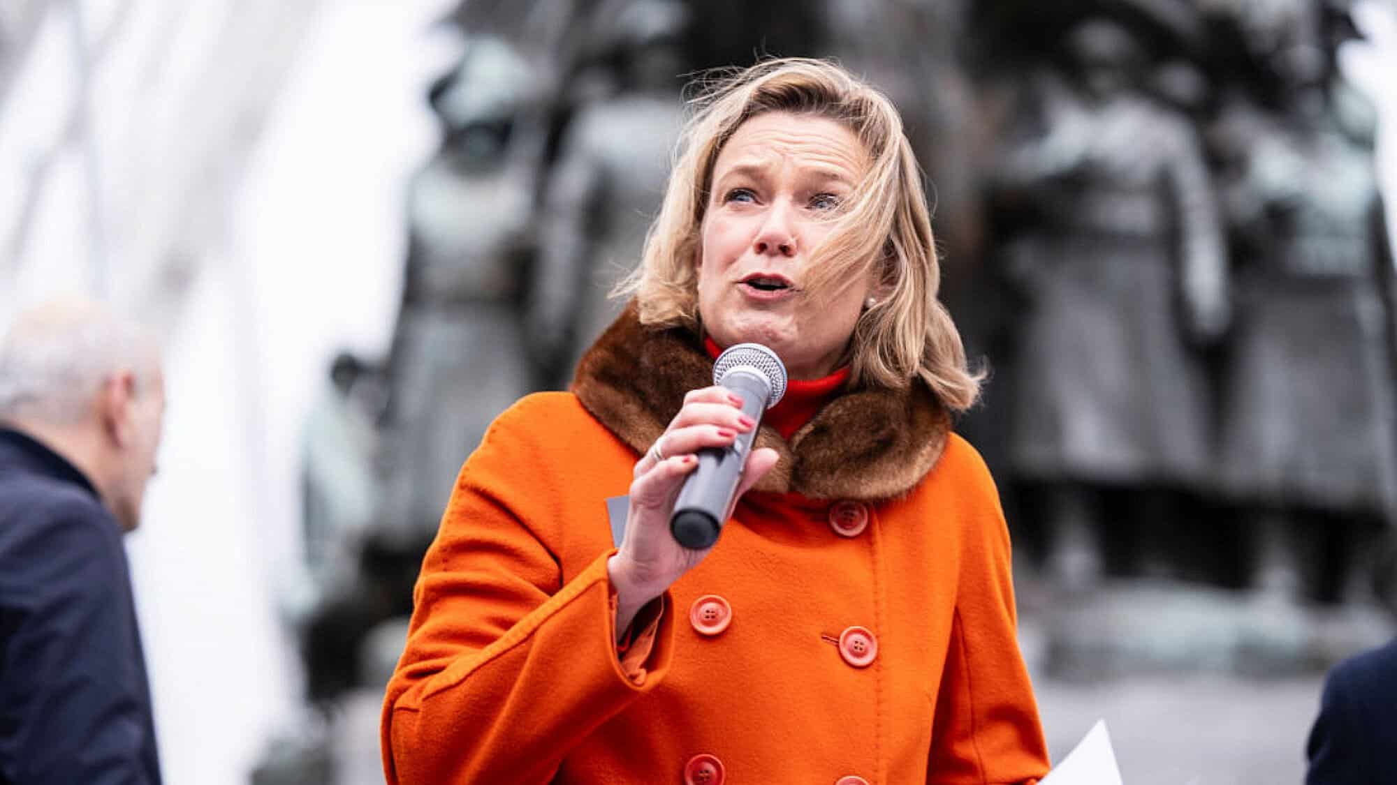 Baronesse Katharina von Schnurbein, the European Commission's coordinator on combating antisemitism and fostering Jewish life, delivers a speech during a national march against antisemitism in Brussels on Dec. 10, 2023. Photo by Thierry Monasse/Getty Images.