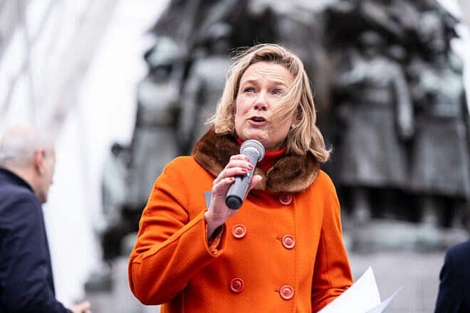 Baronesse Katharina von Schnurbein, the European Commission's coordinator on combating antisemitism and fostering Jewish life, delivers a speech during a national march against antisemitism in Brussels on Dec. 10, 2023. Photo by Thierry Monasse/Getty Images.
