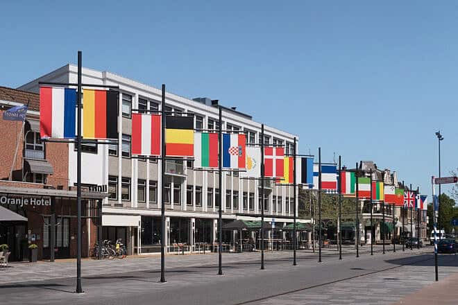 Flags from European countries fly in Leeuwarden, The Netherlands. Credit: Mishielverbeek via Wikimedia Commons