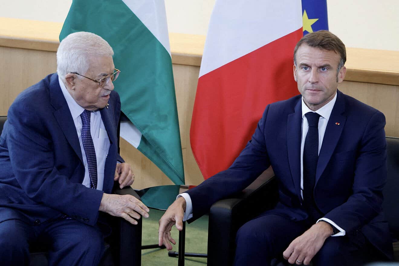 French President Emmanuel Macron meets with Palestinian President Mahmud Abbas on the sidelines of the 79th Session of the U.N. General Assembly in New York on Sept. 25, 2024. Photo by Ludovic Marin/AFP via Getty Images.