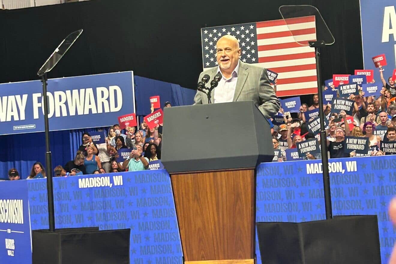 Rep. Mark Pocan (D-Wis.) speaking at a rally for then-Democratic presidential candidate Kamala Harris at the Alliant Energy Center in Madison, Wis., on Sept. 20, 2024. Credit: SecretName101 via Wikimedia Commons.