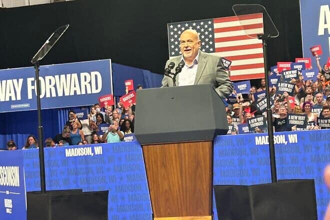 Rep. Mark Pocan (D-Wis.) speaking at a rally for then-Democratic presidential candidate Kamala Harris at the Alliant Energy Center in Madison, Wis., on Sept. 20, 2024. Credit: SecretName101 via Wikimedia Commons.
