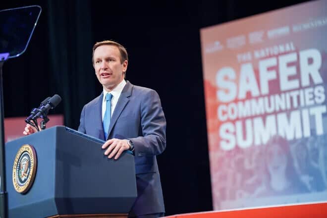 Sen. Chris Murphy (D-Conn.) delivers remarks at the National Safer Communities Summit at the University of Hartford in West Hartford, Conn., on June 16, 2023. 
Credit: Adam Schultz/Official White House Photo via Creative Commons.