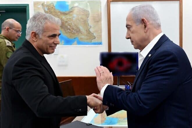 Israeli Prime Minister Benjamin Netanyahu meets opposition leader Yair Lapid (Yesh Atid Party) for a security briefing, June 17, 2025. Photo by Avi Ohayon/GPO.
