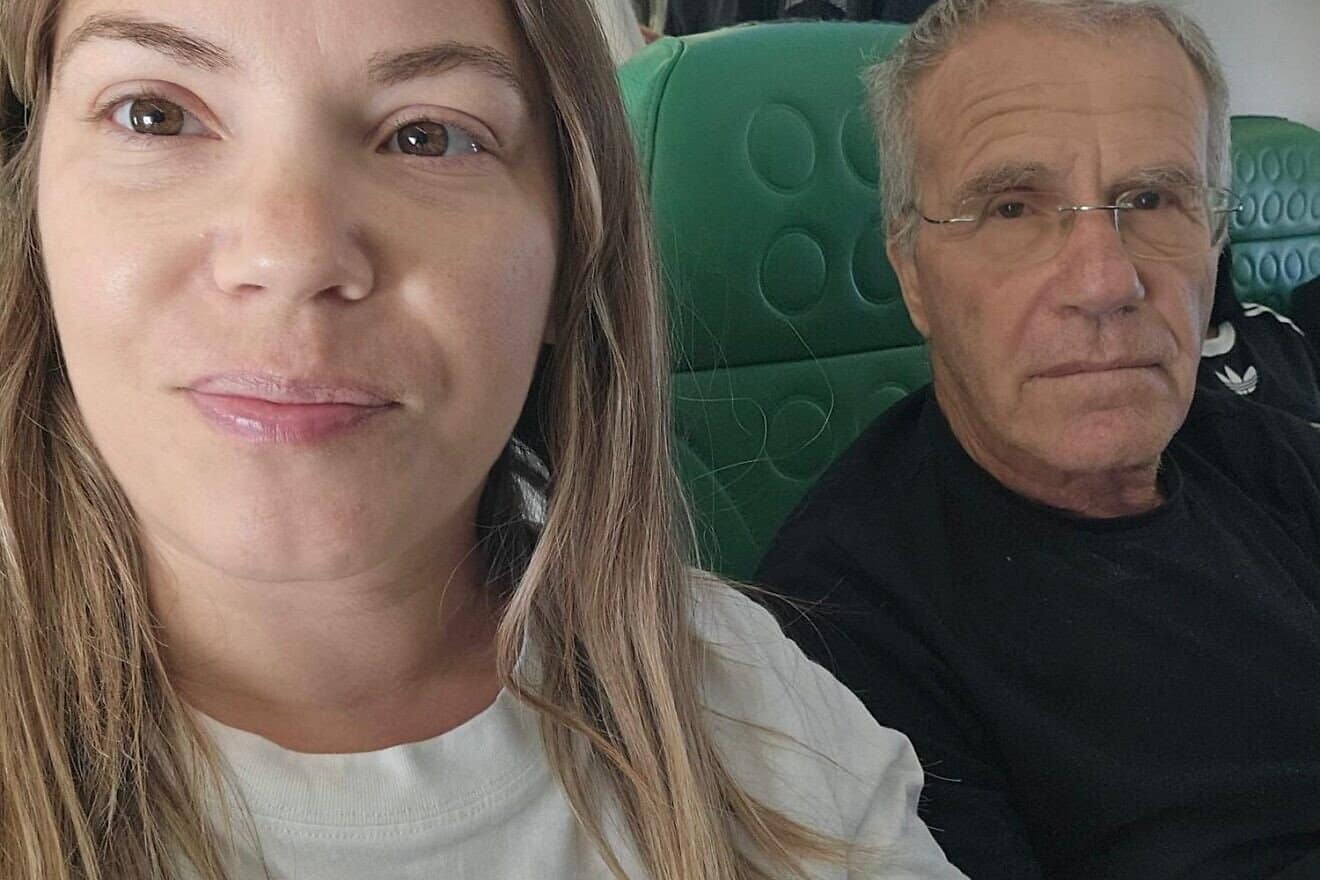 Israelis Lilach and her father on the flight from Larnaca to Aqaba. Credit: Courtesy.