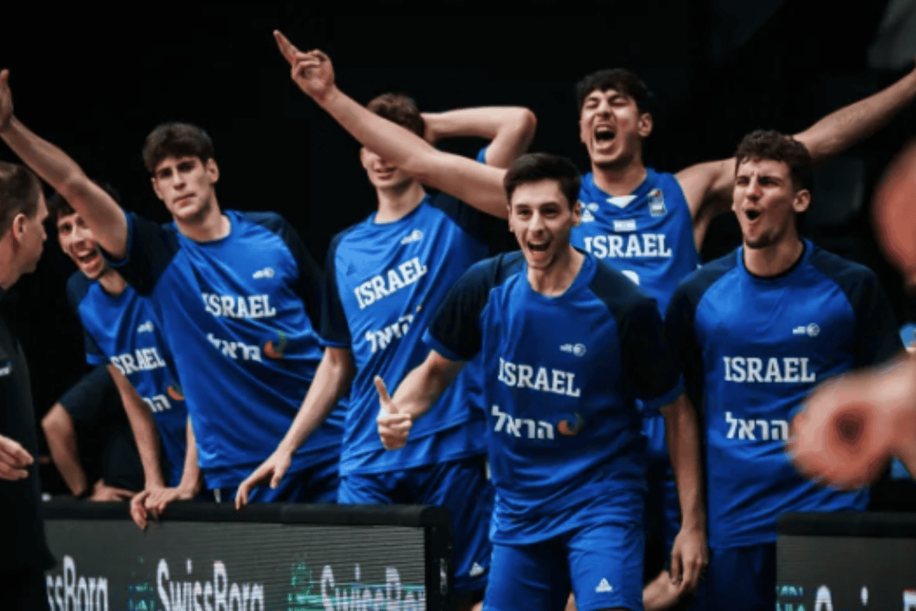 Israel's national basketball team celebrates its first-ever FIBA U19 World Cup win, defeating host Switzerland 102-77 on June 28, 2025. Credit: FIBA.