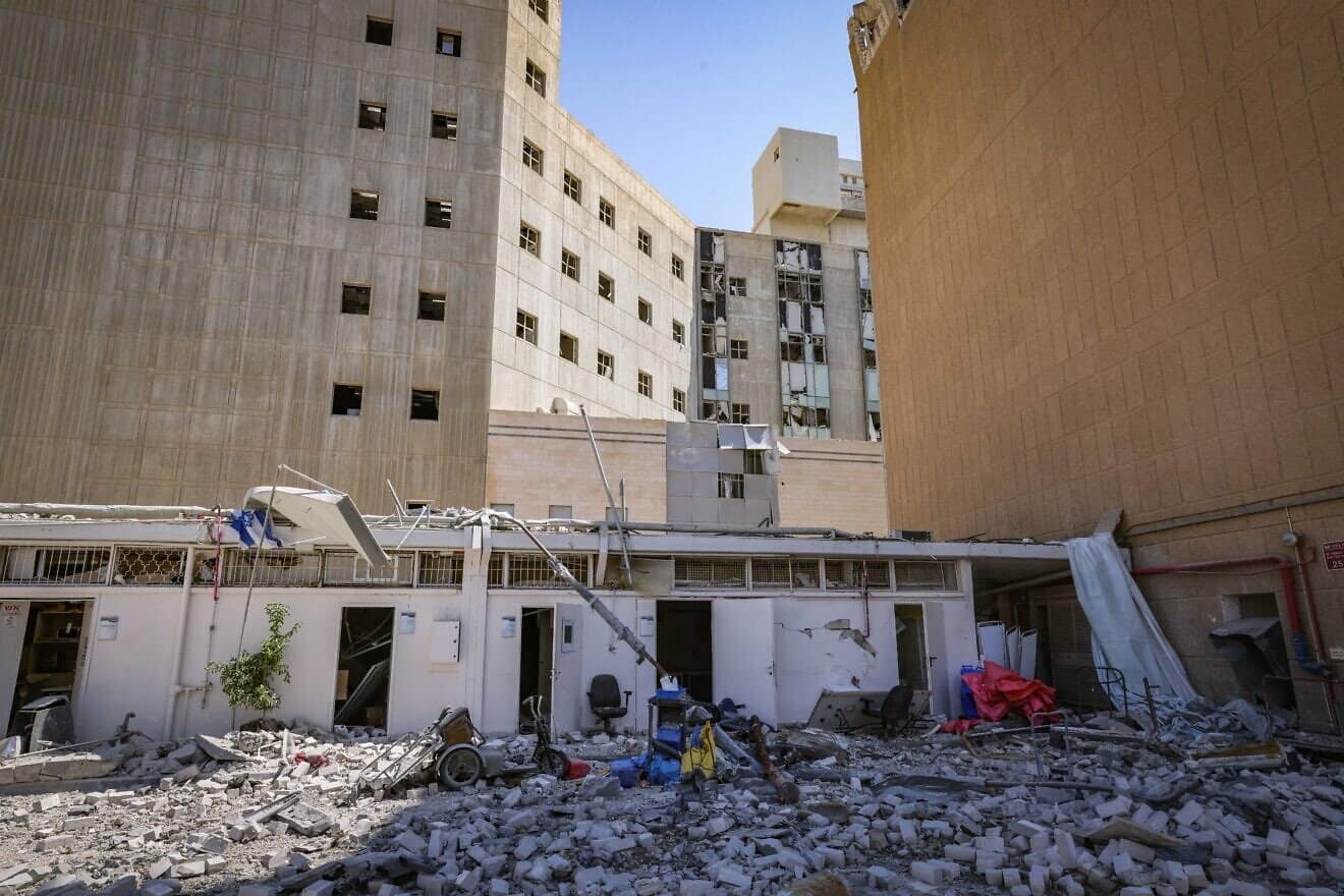 The scene where a ballistic missile fired from Iran hit and caused damage at the Soroka Medical Center in Beersheva, June 19, 2025. Photo by Marc Israel Sellem/POOL.