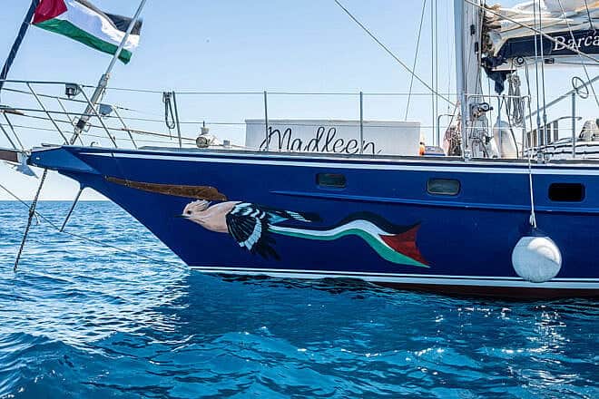 The bow of the Madleen protest ship, featuring an illustration inspired by the PLO flag, ready to set off from the port of San Giovanni Li Cuti in Catania, Italy on June 01, 2025. Photo by Fabrizio Villa/Getty Images.